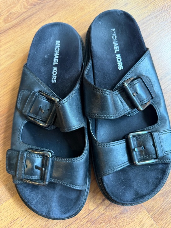 Michael Kors Black Leather Double-Buckle Slide Sandals